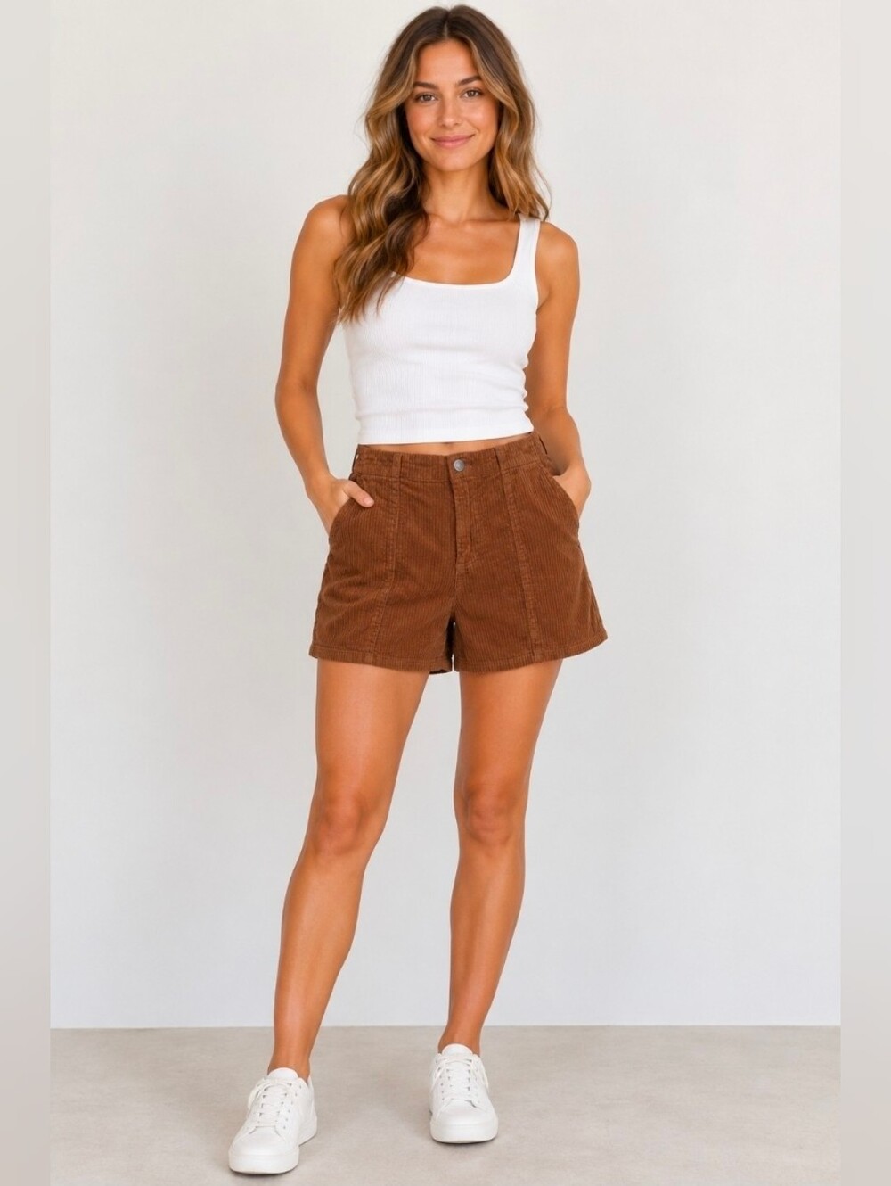 RVCA Women's High-Waist Corduroy Shorts in Chestnut Brown fits like medium
